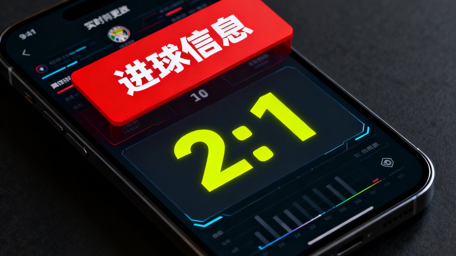 手机屏幕上显示实时比分更新界面，红色弹窗提示进球信息，比分数字醒目突出，背景为深色数据面板设计