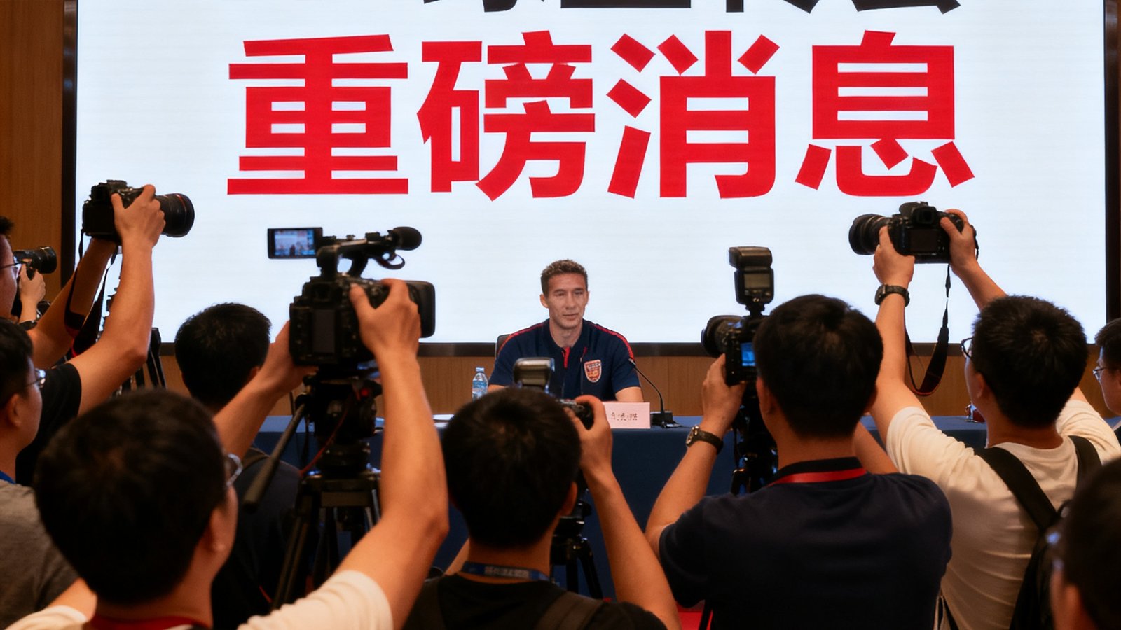 新闻发布会现场，记者们举着相机拍摄，背景板上显示着转会相关的新闻标题，聚焦球星转会的重磅消息